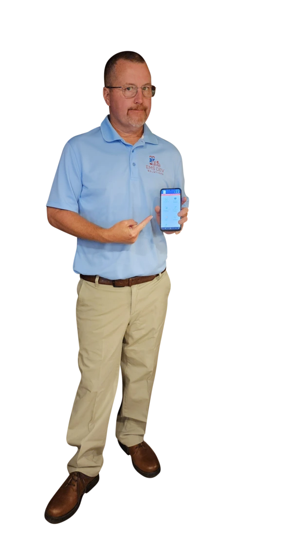 Sam Boyer, founder of EMS Dev Solutions, holding a phone showing the EMS Protocols To-Go app