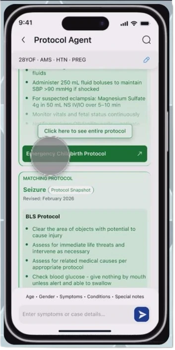 The module offering the Emergency Childbirth Protocol, with a prompt to see the entire protocol