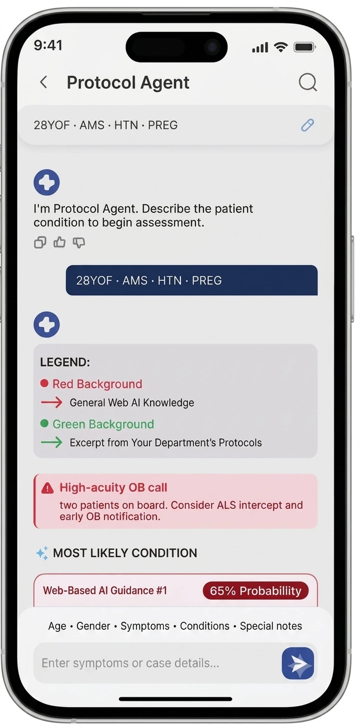 The on-screen legend: red background means general web AI knowledge, green background means an excerpt from your department's protocols