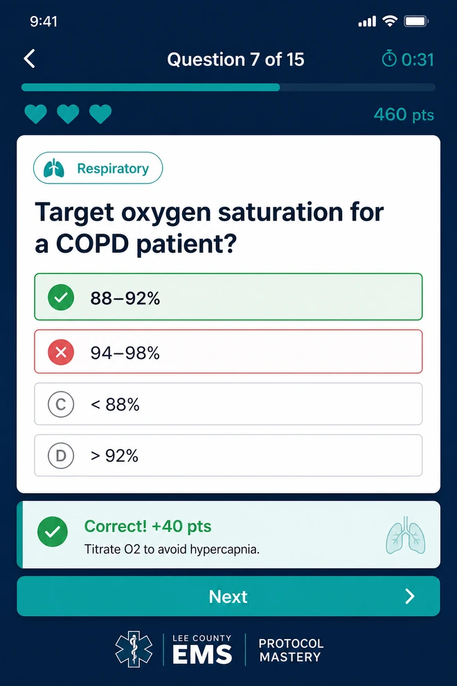 Quiz Mode question about target oxygen saturation for a COPD patient