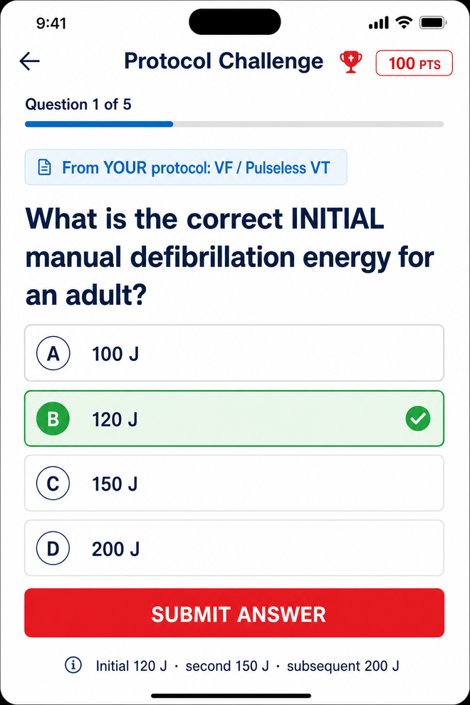 Protocol Challenge quiz screen asking for the correct initial defibrillation energy