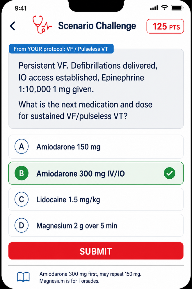 Scenario Challenge screen choosing the next medication for sustained VF