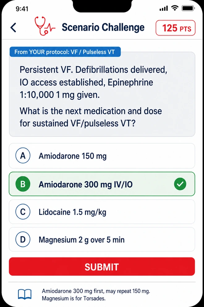 Scenario Challenge screen choosing the next medication for sustained VF