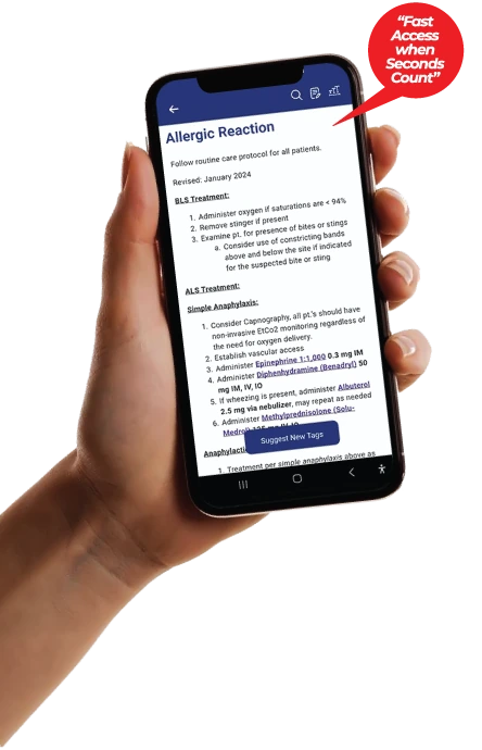 A hand holding a phone showing the Allergic Reaction protocol, with the caption “Fast Access when Seconds Count”
