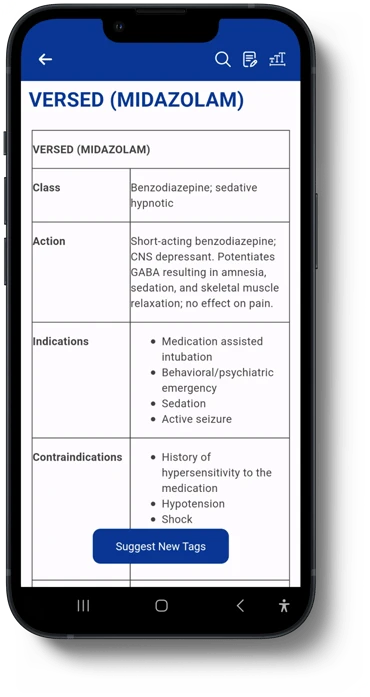 The Versed (Midazolam) drug card in the app