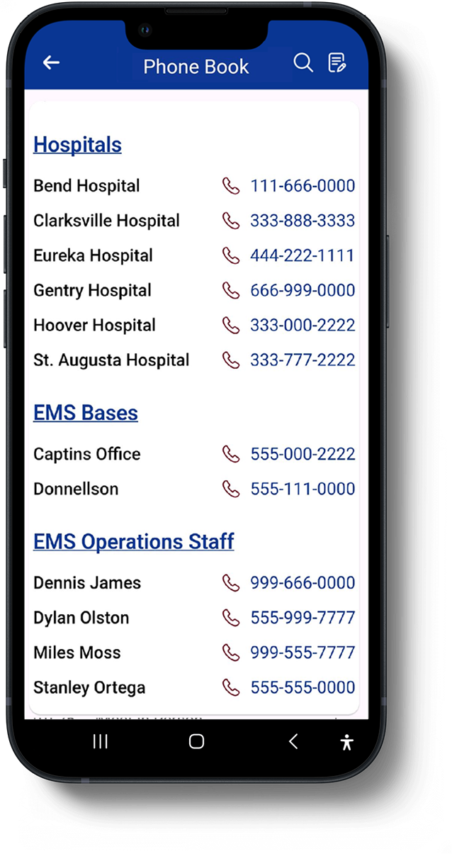 The in-app phone book listing hospitals, EMS bases and operations staff