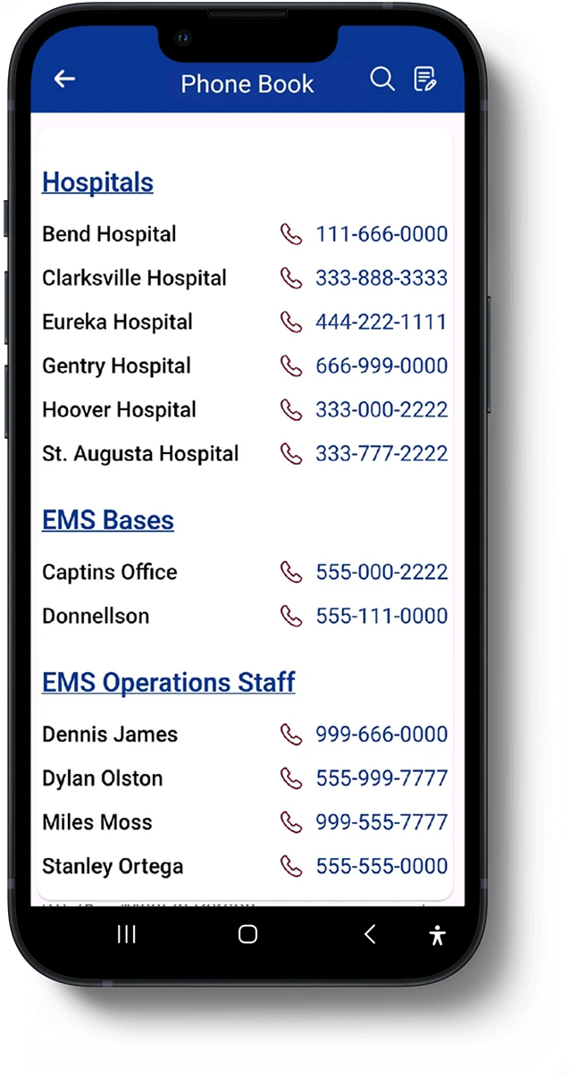The in-app phone book listing hospitals, EMS bases and operations staff