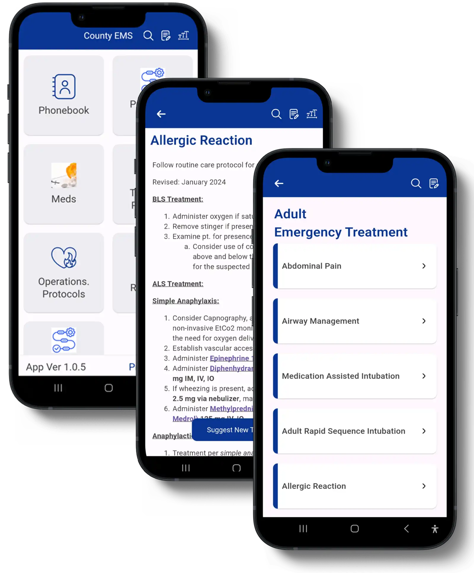 EMS Protocols To-Go app shown on two smartphones
