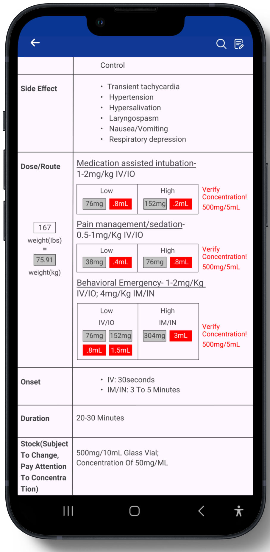 The Med Calculator in the app: a weight of 167 lb converted to 75.91 kg, with the low and high dose in milligrams and the milliliters to draw up next to each one.