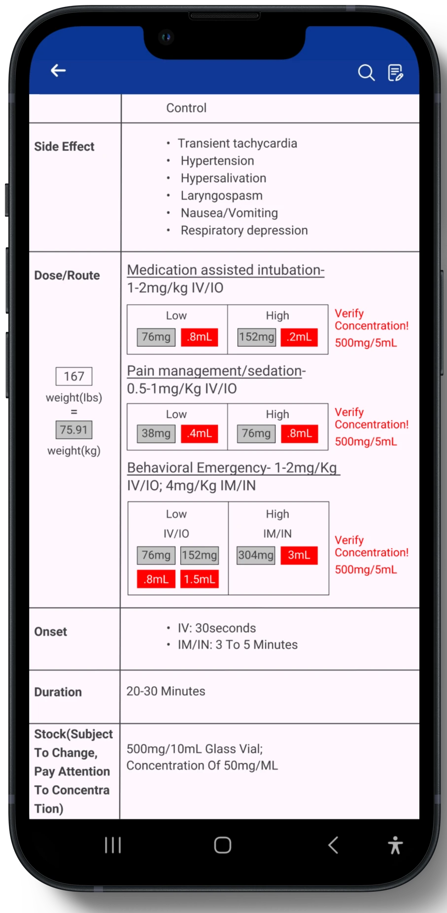 The Med Calculator in the app: a weight of 167 lb converted to 75.91 kg, with the low and high dose in milligrams and the milliliters to draw up next to each one.