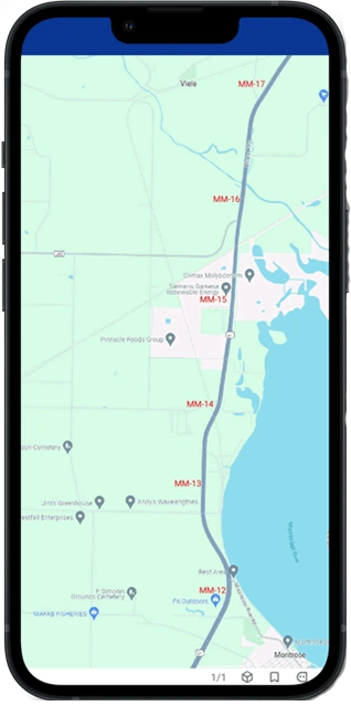 County map with mile markers